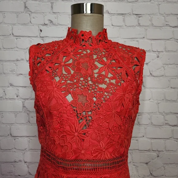 Bardot Elise Crochet Lace Dress in Poppy Red Sleeveless High Neck S/6 - Picture 5 of 15